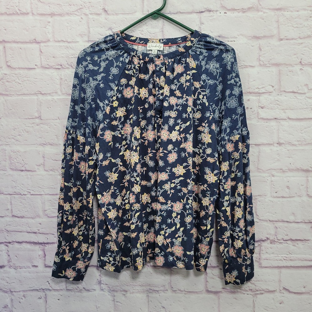 Wonderly Blue Floral Henley Blouse XL Long Sleeve Cottagecore Boho Prairie Boho